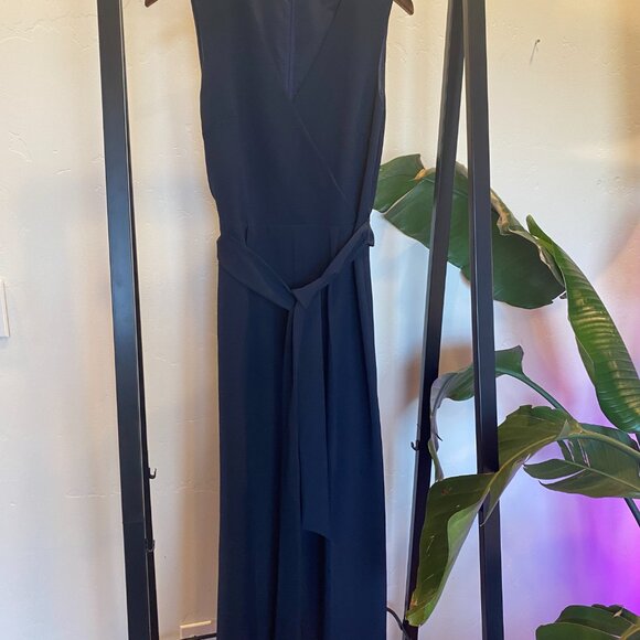 Navy Blue Crop-length Belted Wide Leg Jumpsuit - Picture 3 of 8